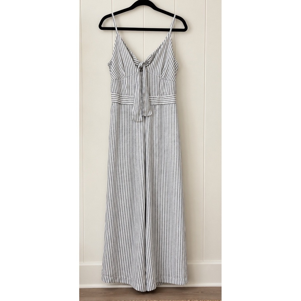 Japna Women Striped Wide Leg Jumpsuit Size M Blue White Tie Front Smocked Back